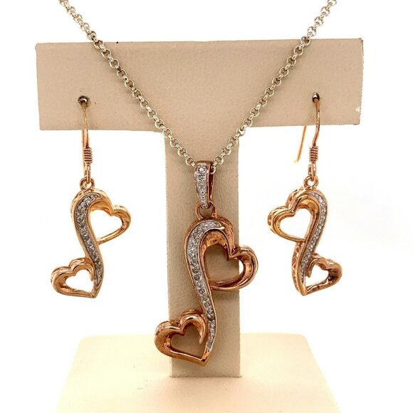 3 PC Sterling w/ Rose Gold Plate & .18ctw Diamond Heart Necklace/Earrings 134 - Picture 1 of 10